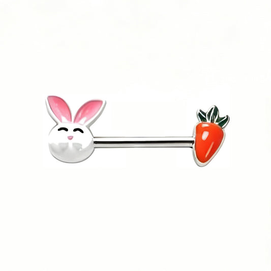 Cute white bunny and vibrant orange carrot 14G straight barbell nipple ring with smooth enamel detailing.