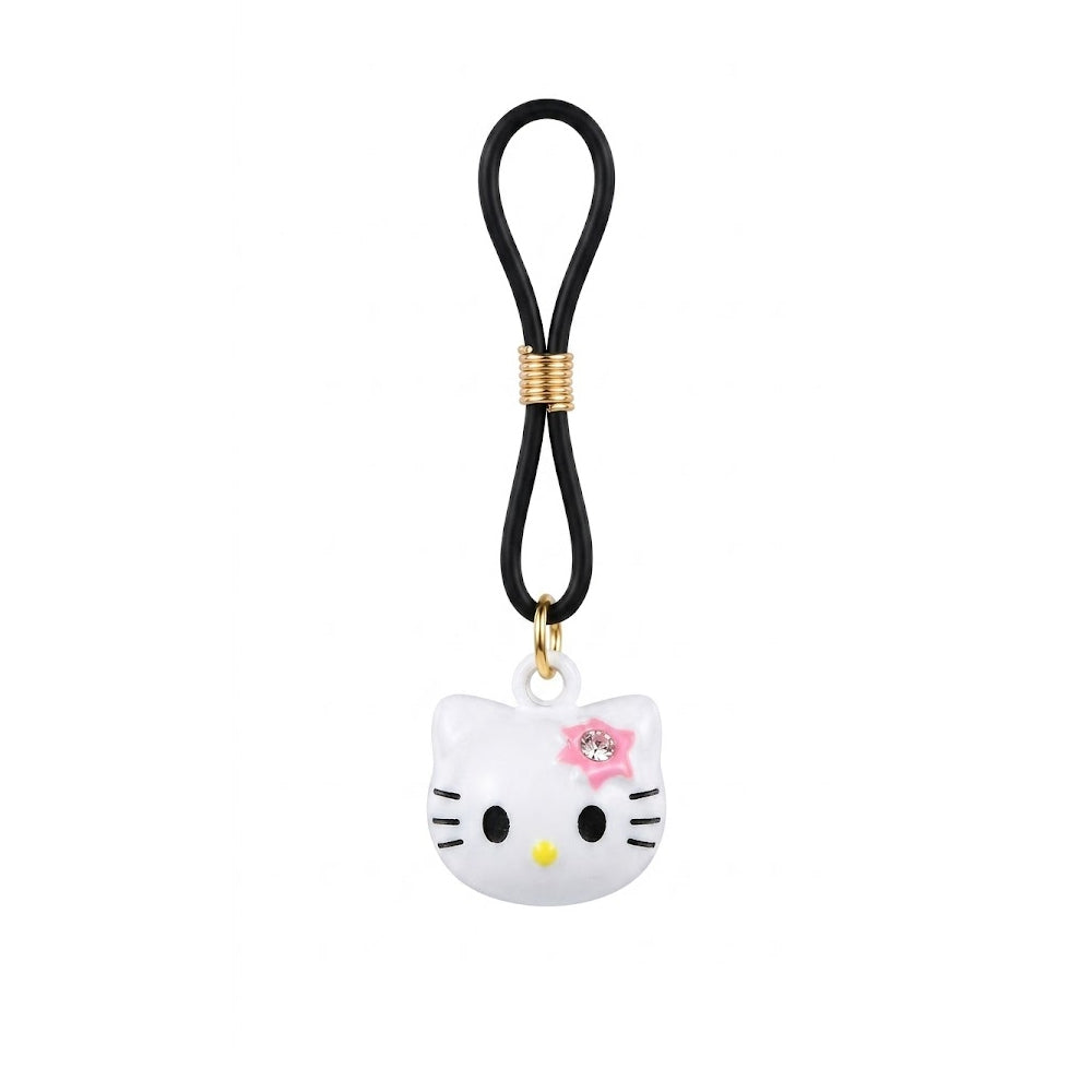 Single adjustable non pierced nipple ring featuring a cute white cartoon kitten charm with a pink flower and rhinestone, attached to a black flexible silicone loop with a gold sliding coil on a clean white background.