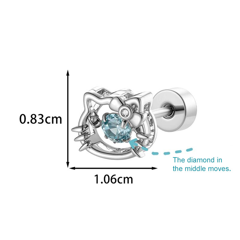 Product dimension diagram of cute cat head flat back stud earring showing 0.83cm height and 1.06cm width with dancing diamond mechanism