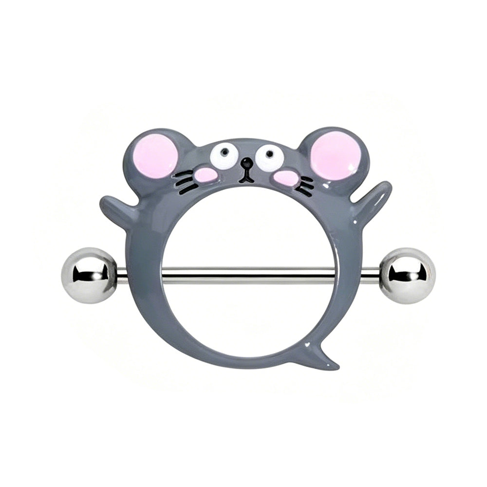Front view of a cute grey mouse nipple shield ring on a pure white background, featuring a 14G surgical steel barbell and an enamel hamster charm with pink ears.