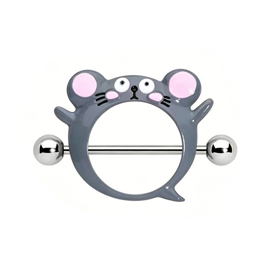Front view of a cute grey mouse nipple shield ring on a pure white background, featuring a 14G surgical steel barbell and an enamel hamster charm with pink ears.