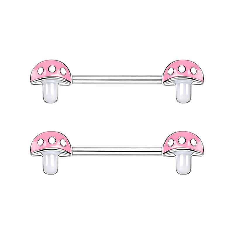 Clean white background displaying two matching pink mushroom nipple barbells for symmetrical fashion styling.