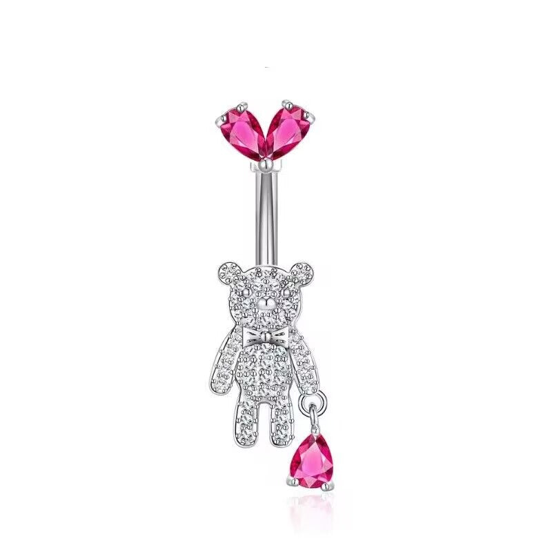 Front view of a cute teddy bear belly button ring with pavé CZ stones and a pink heart top crystal on a white background.