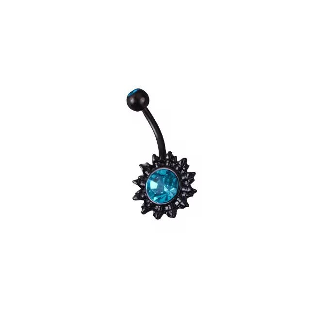 Punk rock gear style sunburst belly button ring with a vibrant lake blue crystal center stone and black plating.
