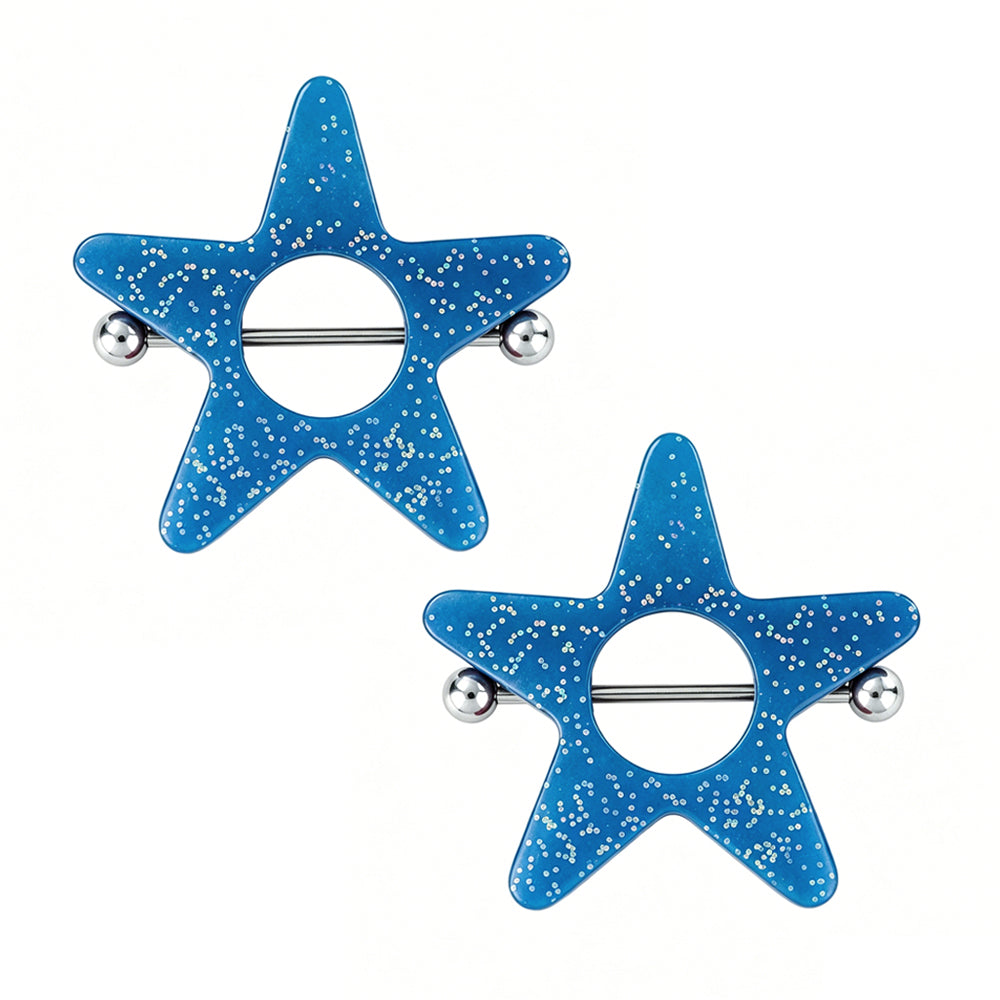 Two pieces of cyberpunk aesthetic blue glitter star nipple shields sold as a pair, displaying a perfect symmetric layout for body piercing enthusiasts.