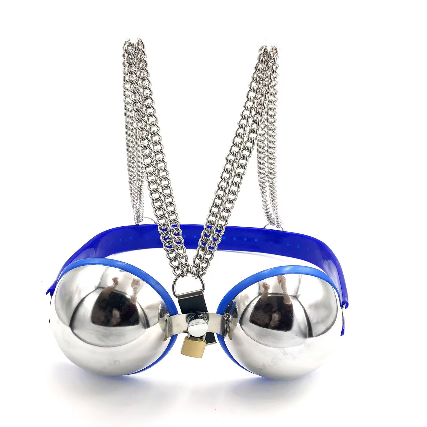 Cyberpunk style alternative body jewelry featuring a shiny lockable metal dome bra with dark blue lining and multi-chain neck support.