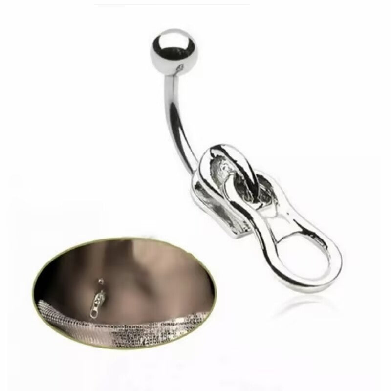 Close up of a silver zipper slider belly piercing showing a unique body jewelry statement design.