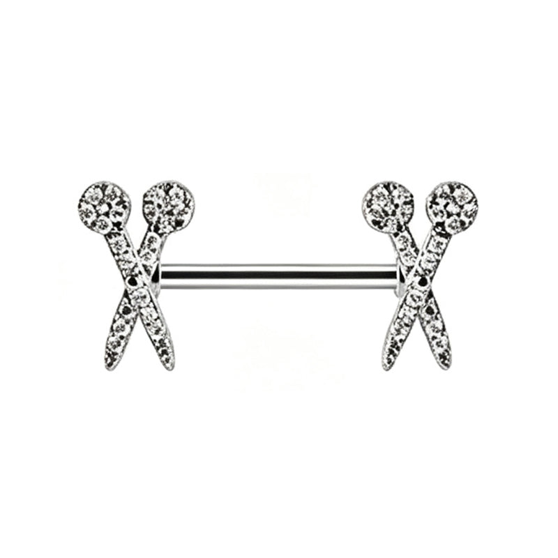 Sparkling CZ paved scissors nipple barbell 14g featuring a crossed shears design for body piercing jewelry