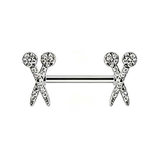 Sparkling CZ paved scissors nipple barbell 14g featuring a crossed shears design for body piercing jewelry