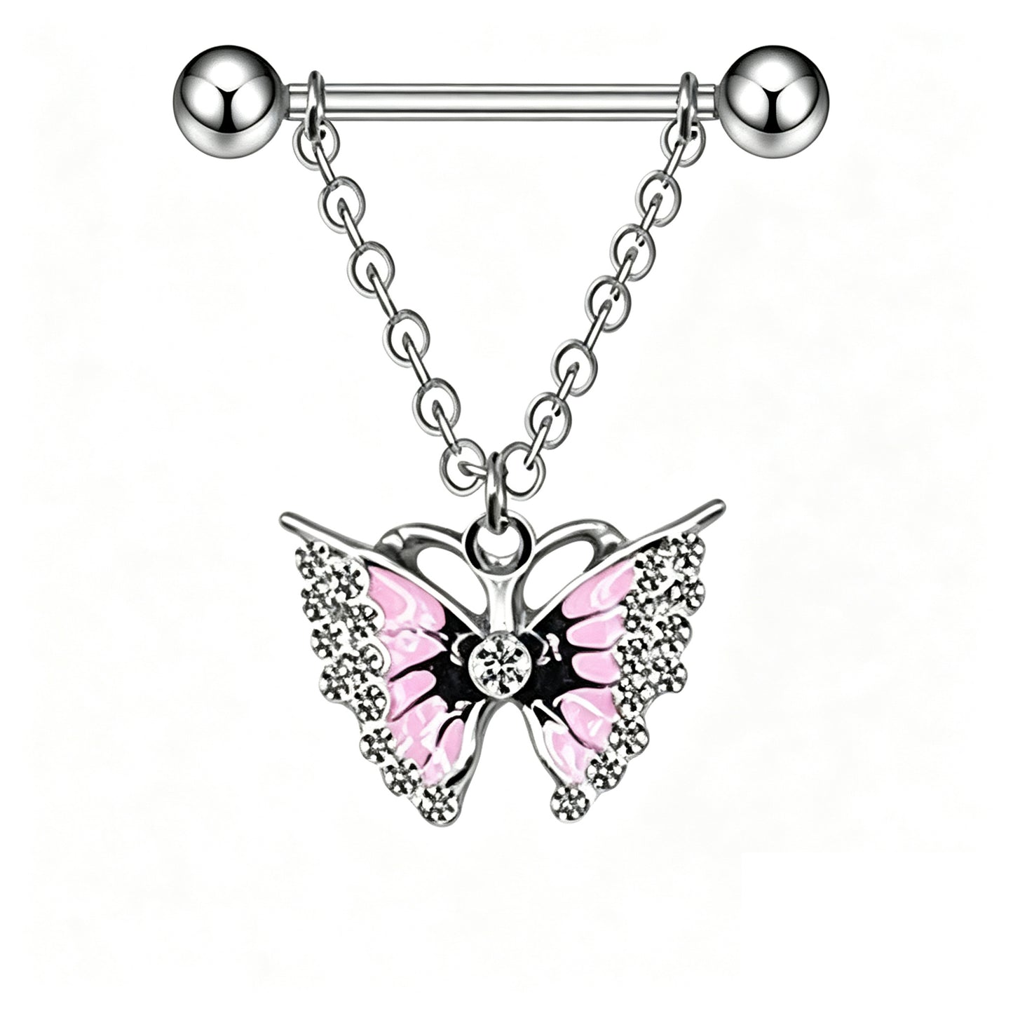 Front view of a 14G stainless steel dangle butterfly nipple ring featuring pink enamel wings and cubic zirconia accents.
