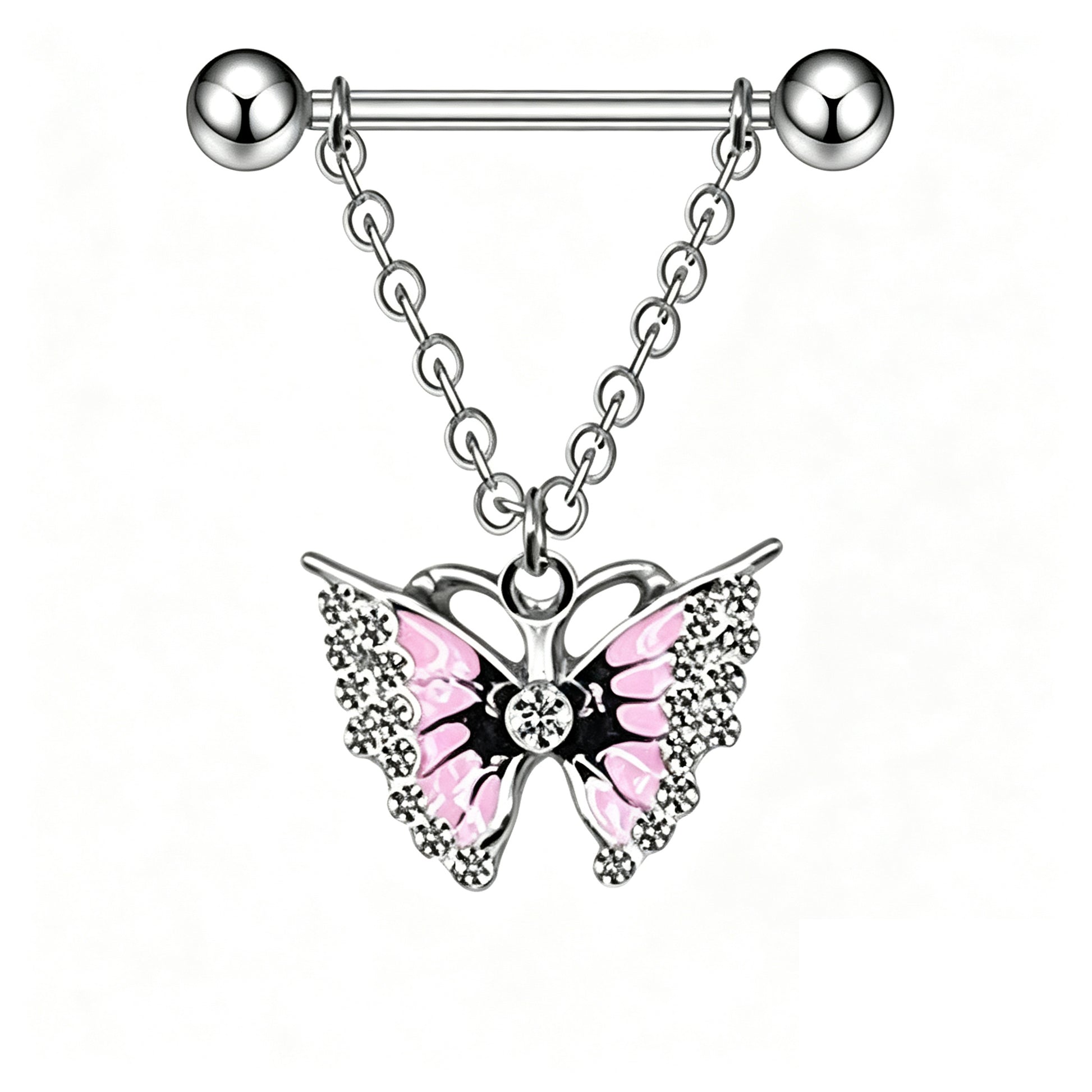 Front view of a 14G stainless steel dangle butterfly nipple ring featuring pink enamel wings and cubic zirconia accents.
