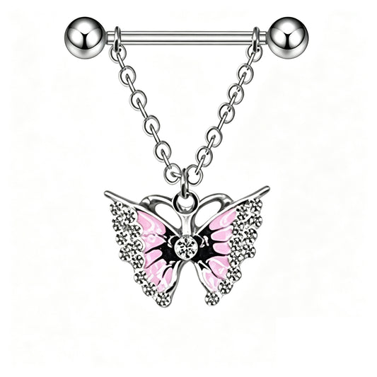Front view of a 14G stainless steel dangle butterfly nipple ring featuring pink enamel wings and cubic zirconia accents.