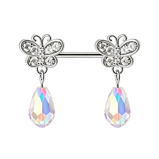 Sparkling pave CZ butterfly nipple barbells featuring AB iridescent crystal teardrop dangles