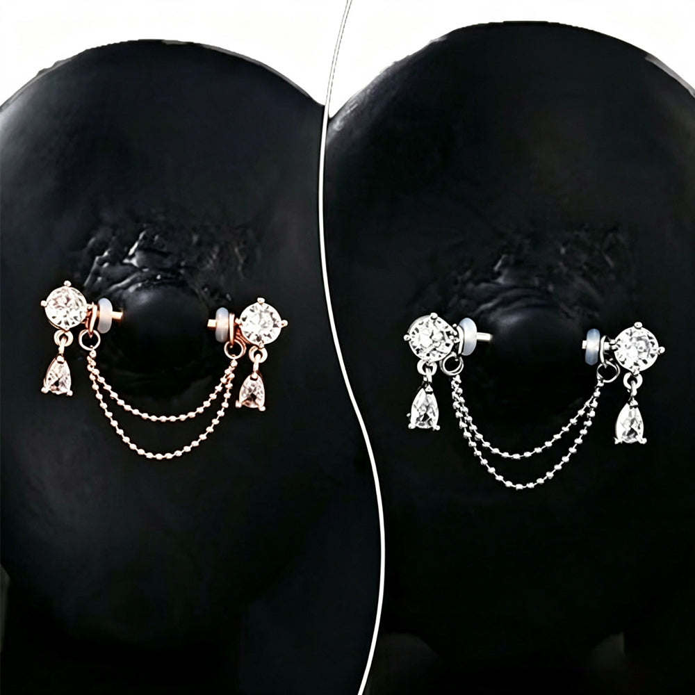 Wear display of silver and rose gold dangle nipple rings with double chains on mannequin model