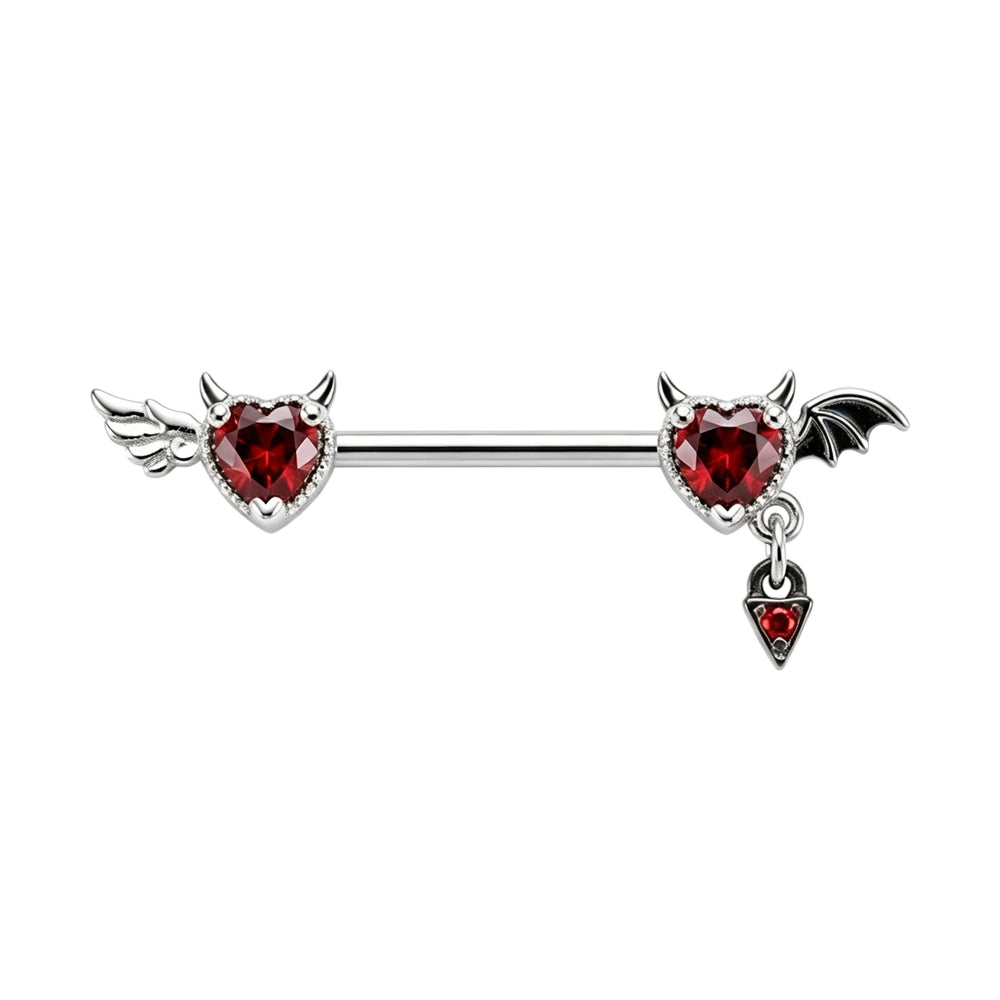 Single 14G dark angel and devil heart nipple ring featuring red cubic zirconia crystal and bat wing charm