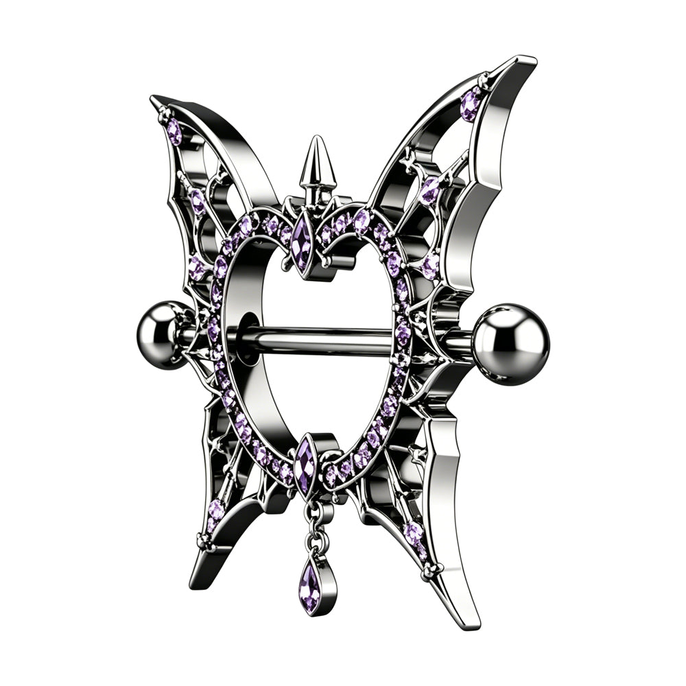 Side perspective view of the non-adjustable gothic butterfly nipple shield jewelry, highlighting the sleek metallic finish and premium craftsmanship.