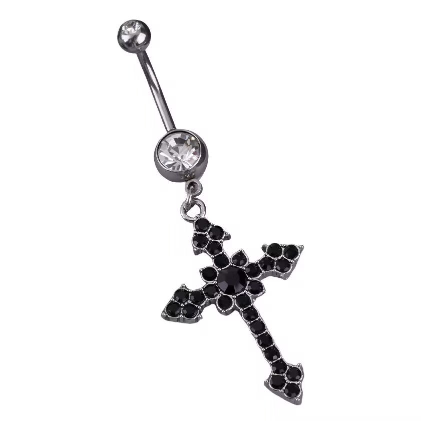 Large vintage silver gothic cross dangling belly button ring paved with jet black cubic zirconia stones.