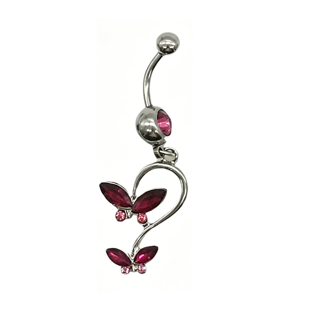 Dark red fuchsia crystal butterfly dangle belly button ring for aesthetic fashion.