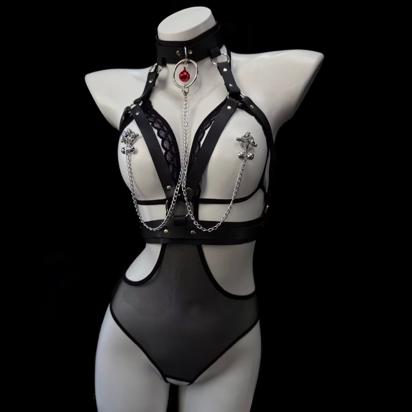 Black body harness set showing decorative cross design non-pierced nipple clamps and chains