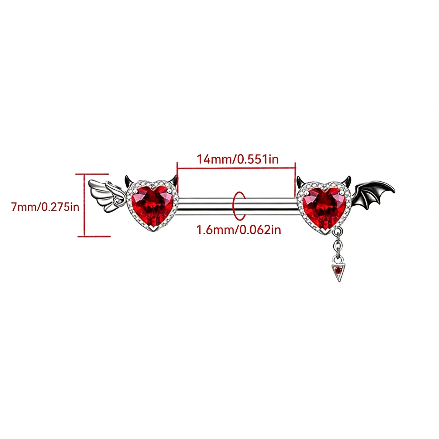 Product specification image for the Demon Heart Nipple Barbell, showing a barbell with red heart cubic zirconia, devil wings, and dimensions: 7mm/0.275in heart height, 14mm/0.551in bar length, and 1.6mm/0.062in bar thickness.
