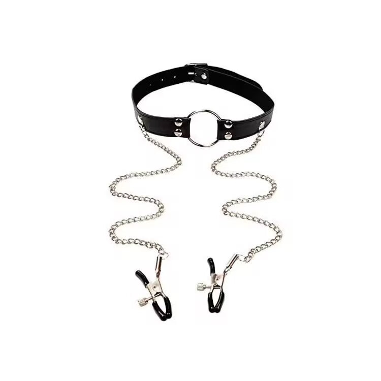 Standalone black leather O-ring choker featuring long silver chains and protective rubber tip nipple clamps.