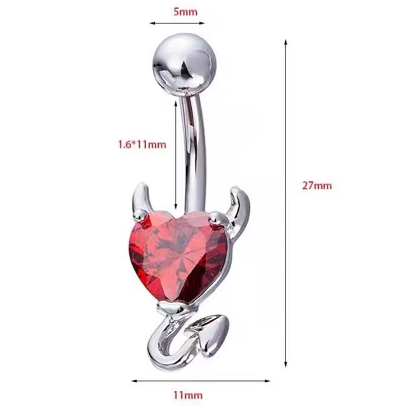 Detailed product dimensions for the devil heart belly button ring showing 1.6mm gauge, 11mm bar length, and 27mm total length.