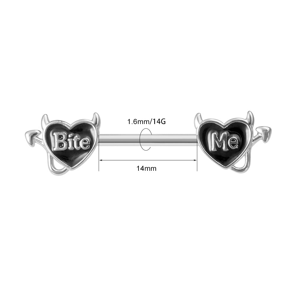 14G 1.6mm thickness and 14mm length dimension specs for Devil Heart Bite Me nipple barbell