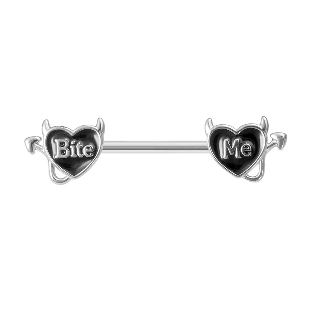 Devil Heart Bite Me nipple rings 14G featuring black heart ends with devil horns and tail