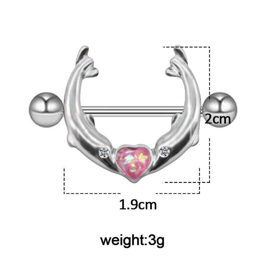 Size chart showing the 2cm by 1.9cm dimensions of the dolphin nipple shield jewelry.