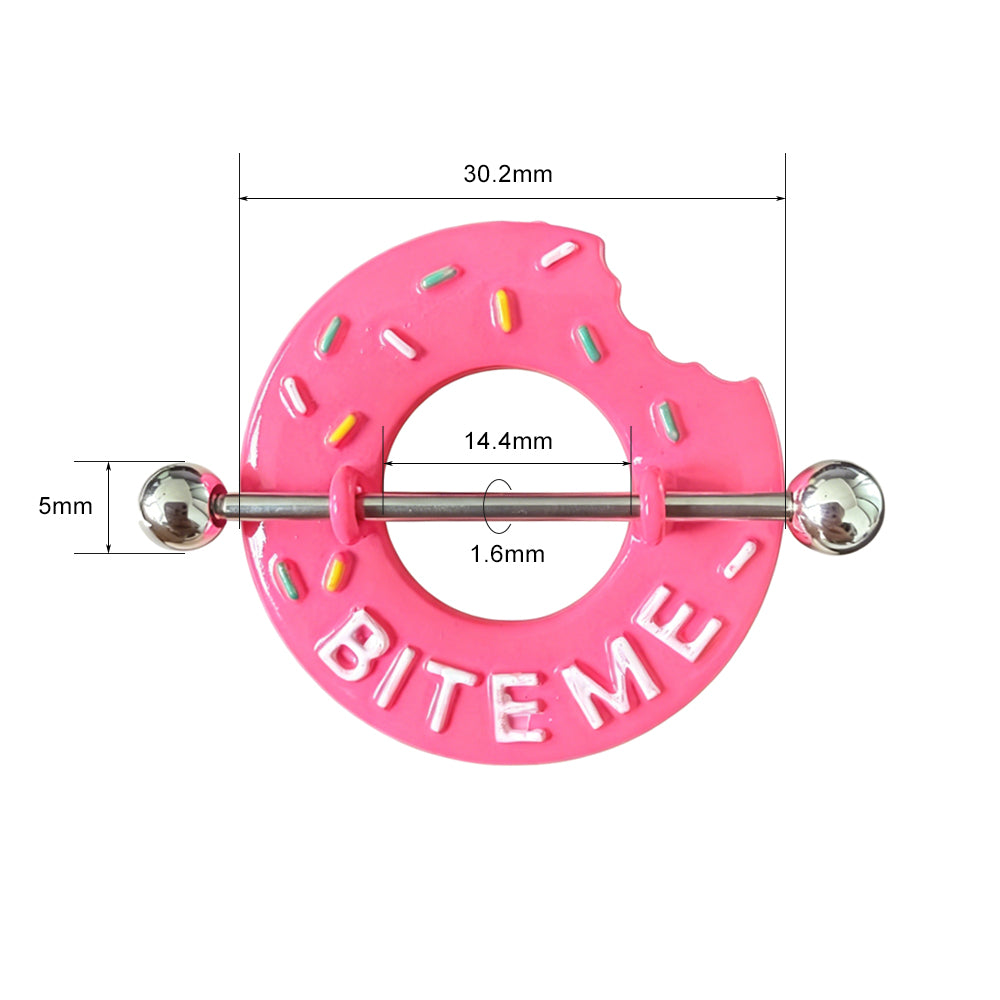 Product dimensions for the donut nipple shield showing a 14G 1.6mm titanium barbell, 14.4mm inner diameter, and 5mm balls.