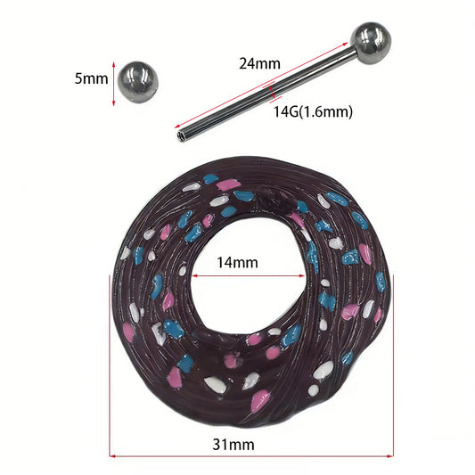 Dimension details for a donut-shaped nipple shield on a white background, featuring a 24mm straight barbell with 5mm ends and 14G (1.6mm) thickness, and a 31mm diameter donut charm with a 14mm inner opening.