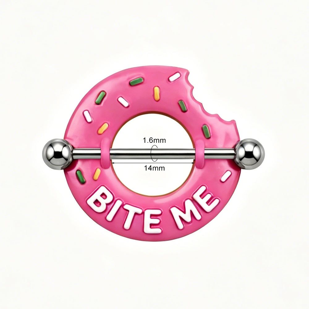A pair of pink bitten donut nipple barbells for creative body piercing fashion.