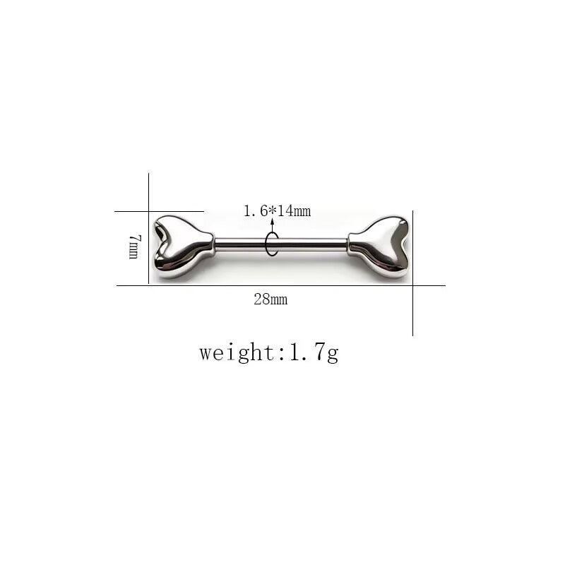 Sleek double heart ends nipple barbell 1.6x14mm dimensions.