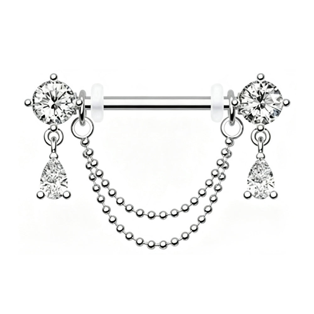 Front view of double layer chain dangle nipple ring featuring round clear cubic zirconia and teardrop charm