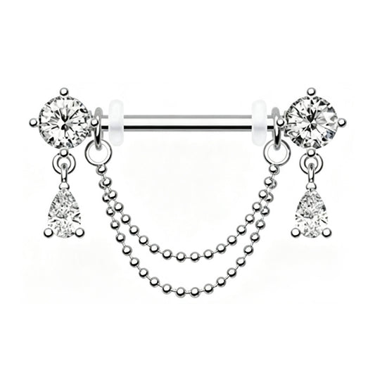 Front view of double layer chain dangle nipple ring featuring round clear cubic zirconia and teardrop charm