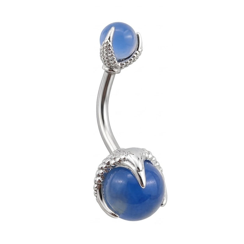 Single dragon claw curved belly button ring with a translucent blue sphere held by detailed metallic claws.