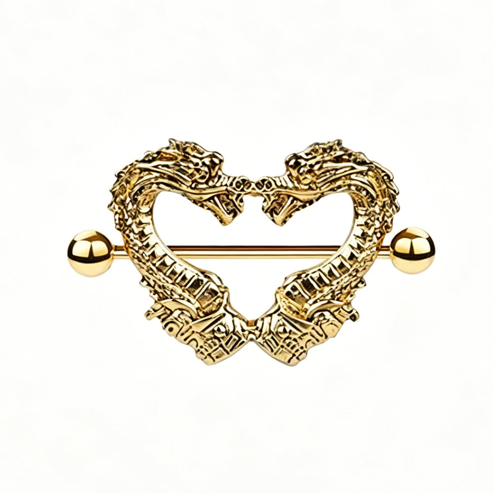 A symmetrical gold nipple shield featuring two dragons forming a heart shape with a straight barbell.