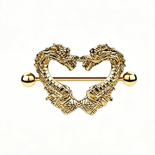 A symmetrical gold nipple shield featuring two dragons forming a heart shape with a straight barbell.
