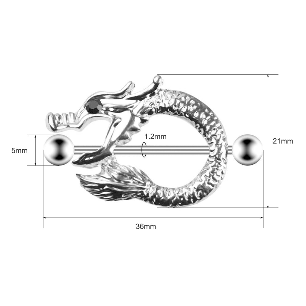 Size chart of the dragon nipple ring showing 36mm width and 1.2mm bar thickness