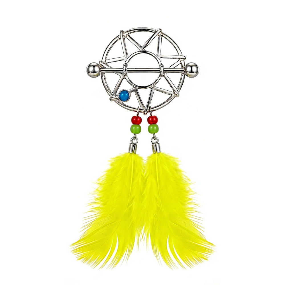 Single dreamcatcher nipple shield with yellow feathers on a white background