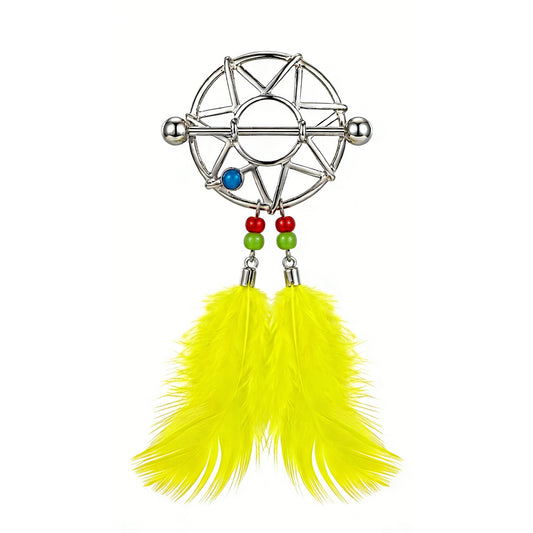 Single dreamcatcher nipple shield with yellow feathers on a white background