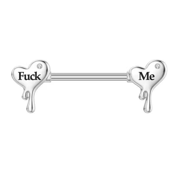 Front view of a single dripping heart nipple barbell with "Fuck Me" text.