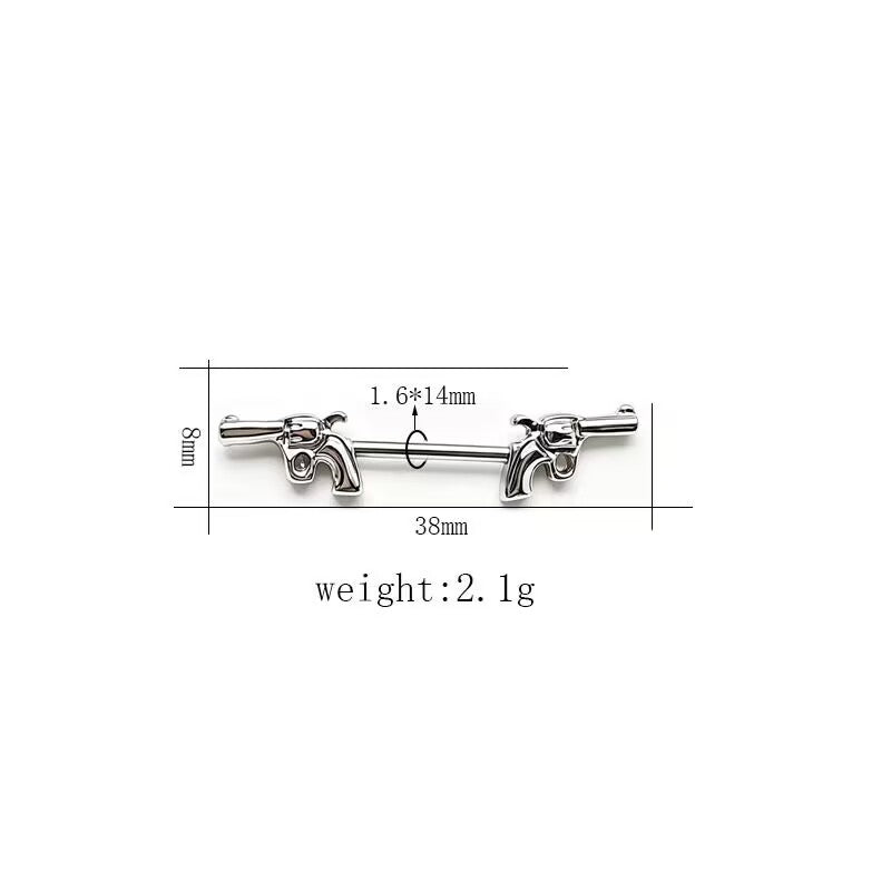 Dual revolver handgun design 14G 1.6x14mm nipple barbell piercing specifications.