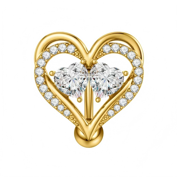 Elegant gold-tone double heart belly piercing featuring large heart-shaped center stones.