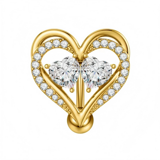 Elegant gold-tone double heart belly piercing featuring large heart-shaped center stones.