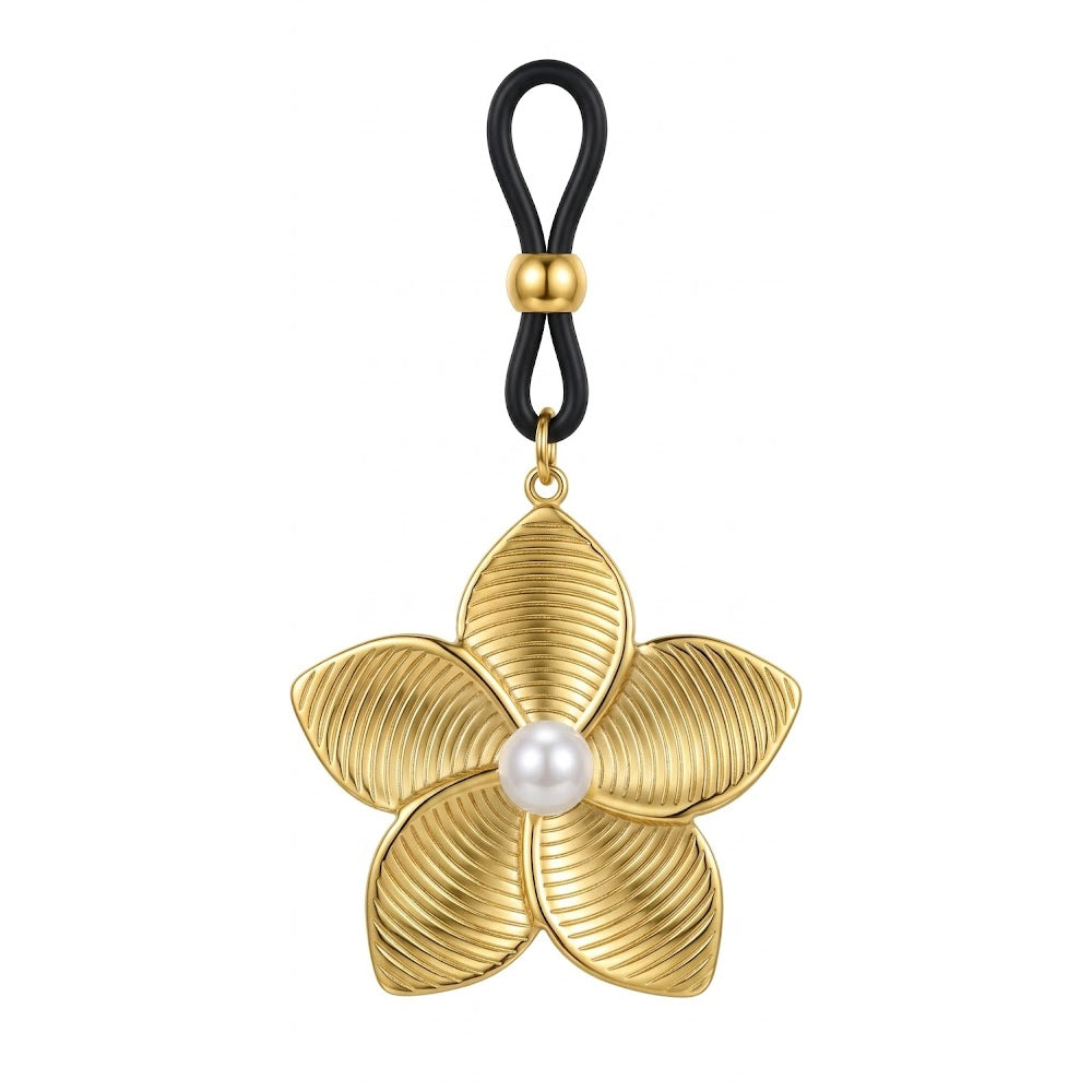 A single non-piercing gold floral nipple clamp with a textured five-petal flower design, a central pearl, and an adjustable black silicone loop on a pure white background.