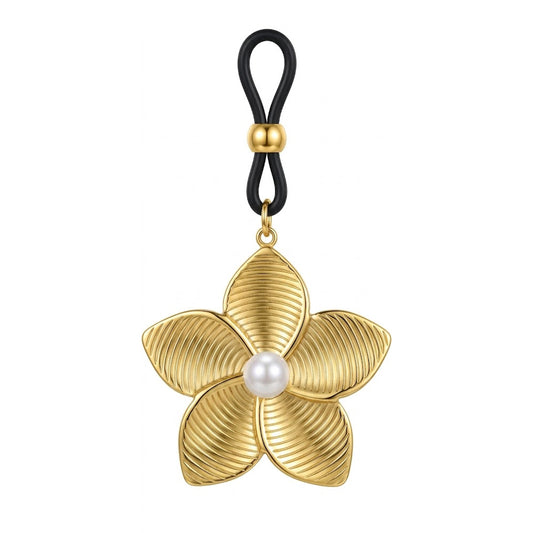 A single non-piercing gold floral nipple clamp with a textured five-petal flower design, a central pearl, and an adjustable black silicone loop on a pure white background.