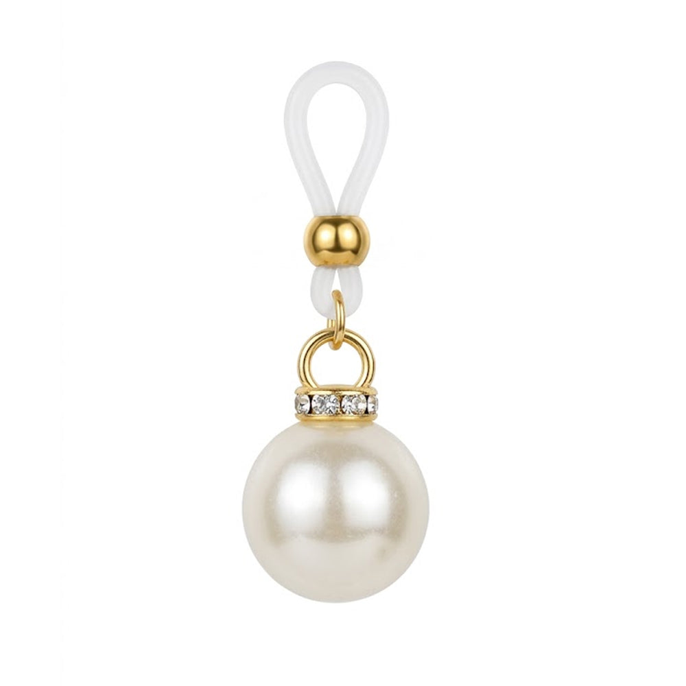 Single elegant non-pierced nipple ring jewelry featuring an adjustable silicone loop, a gold bead, and a dangling faux pearl pendant with a rhinestone crown on a pure white background.