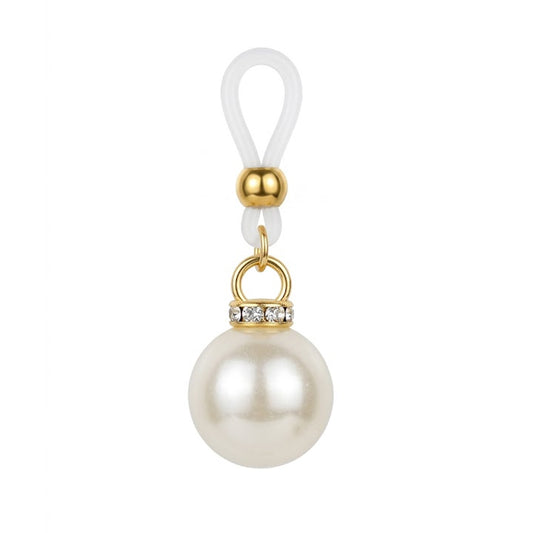 Single elegant non-pierced nipple ring jewelry featuring an adjustable silicone loop, a gold bead, and a dangling faux pearl pendant with a rhinestone crown on a pure white background.