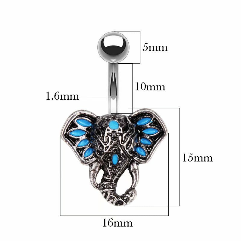 Size dimension chart for elephant navel ring showing 1.6mm 14G gauge, 10mm bar length, and 15mm x 16mm elephant pendant